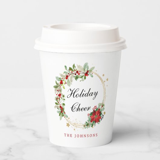 Holiday Cheer Poinsettia Wreath Gold Personalized 紙コップ (裏面)