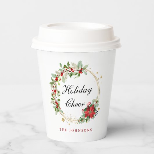Holiday Cheer Poinsettia Wreath Gold Personalized 紙コップ (正面)