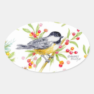 Holiday Chickadee Berry Branch Greeting Card 楕円形シール