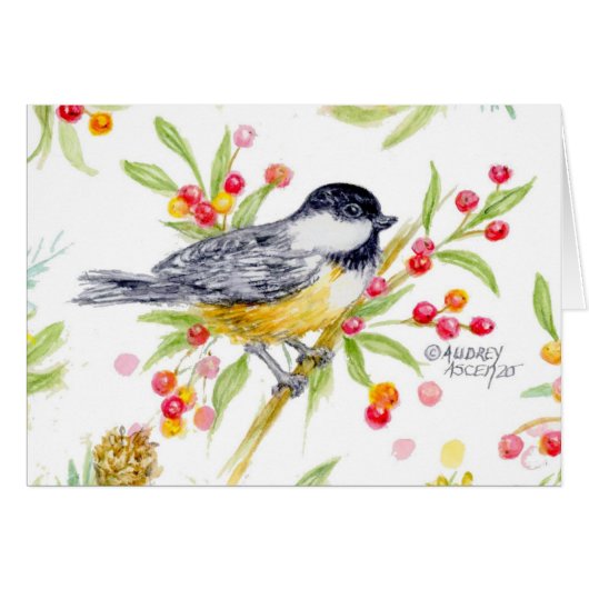 Holiday Chickadee Blank Note Greeting Card (正面横)