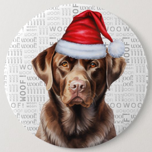Holiday Chocolate Lab Dog on Woof Background 缶バッジ (正面)