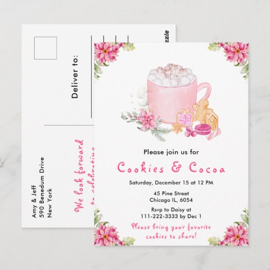 Holiday Christmas Cookies and Cocoa Pink ポストカード (正面/裏面)