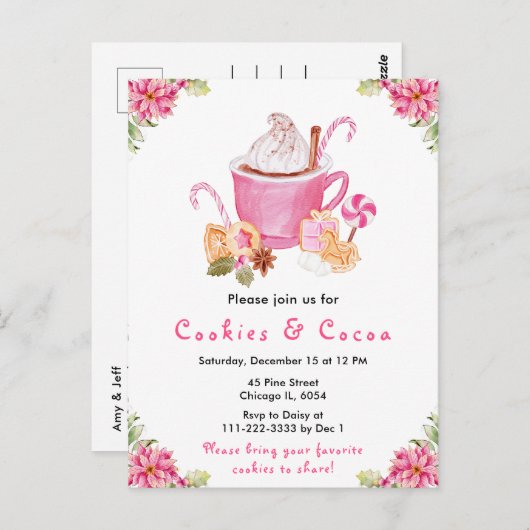 Holiday Christmas Cookies and Cocoa Pink ポストカード (正面/裏面)