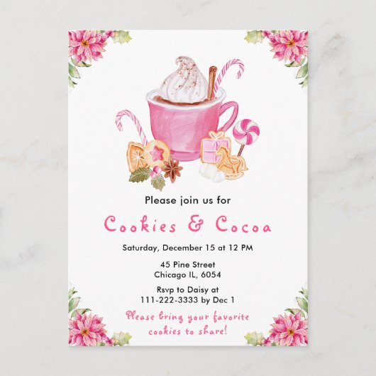 Holiday Christmas Cookies and Cocoa Pink ポストカード (正面)