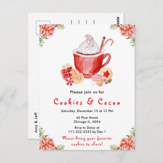 Holiday Christmas Cookies and Cocoa Red ポストカード (正面/裏面)