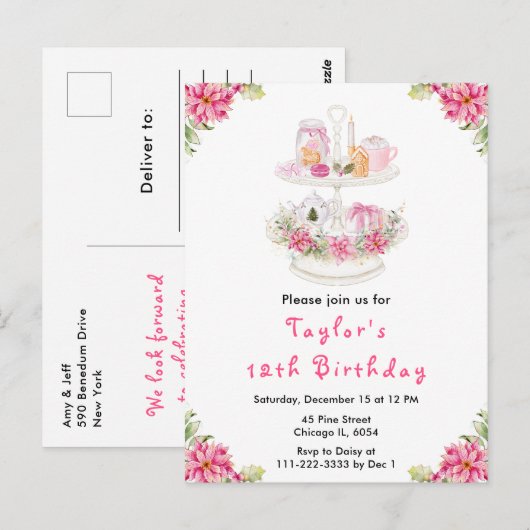 Holiday Christmas Tea Birthday Party Pink ポストカード (正面/裏面)