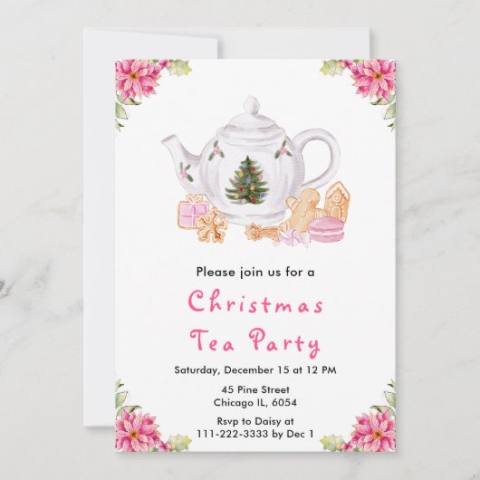 Holiday Christmas Tea Party Pink 招待状 (正面)