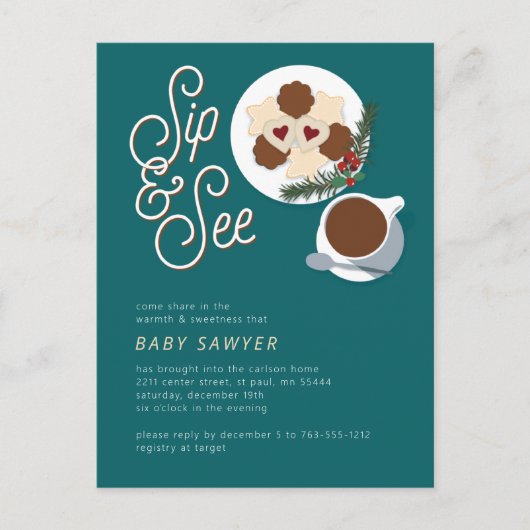 Holiday Cookie & coffee/tea Sip & See baby shower ポストカード (正面)