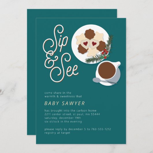 Holiday Cookie & coffee/tea Sip & See baby shower 招待状 (正面/裏面)