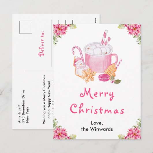Holiday Cookies and Cocoa Pink Merry Christmas シーズンポストカード (正面/裏面)