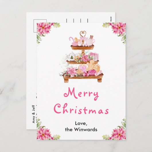 Holiday Cookies and Cocoa Pink Merry Christmas シーズンポストカード (正面/裏面)