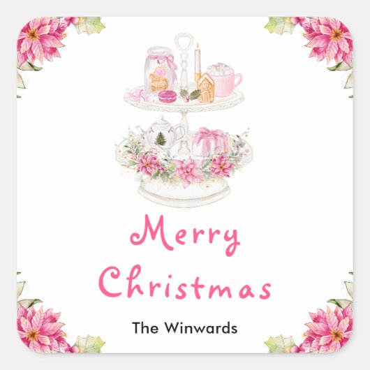 Holiday Cookies and Cocoa Pink Merry Christmas スクエアシール (正面)