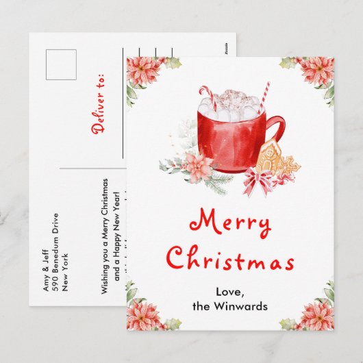 Holiday Cookies and Cocoa Red Merry Christmas シーズンポストカード (正面/裏面)