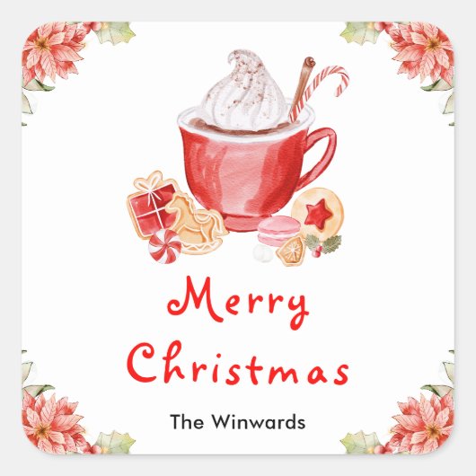 Holiday Cookies and Cocoa Red Merry Christmas スクエアシール (正面)