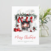 Holiday Cozy Fireplace Christmas Family Photo シーズンカード (スタンド正面)