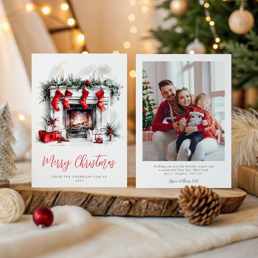 Holiday Cozy Fireplace Christmas Family Photo シーズンカード