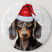 Holiday Dachshund Santa Dog on Woof Background 缶バッジ (正面)