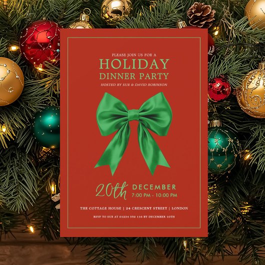 Holiday Dinner Party Green Satin Bow Red 招待状