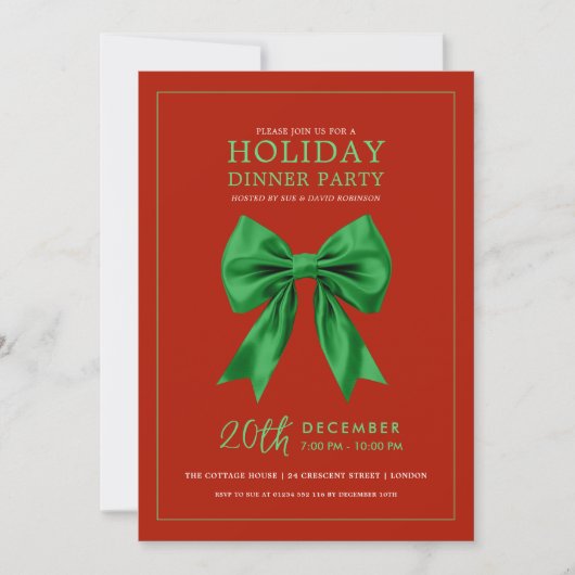 Holiday Dinner Party Green Satin Bow Red 招待状 (正面)