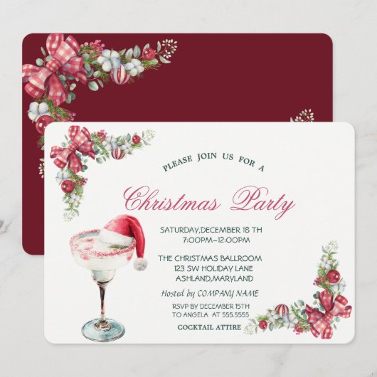 Holiday Drink Santa Hat Branches Christmas 招待状 (正面/裏面)