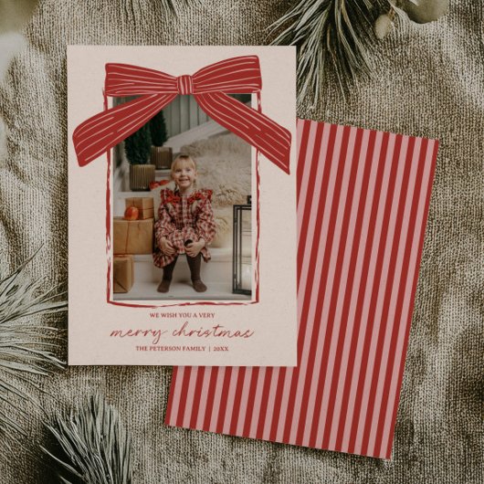 Holiday Family Photo Card Christmas Bow Stripe シーズンカード