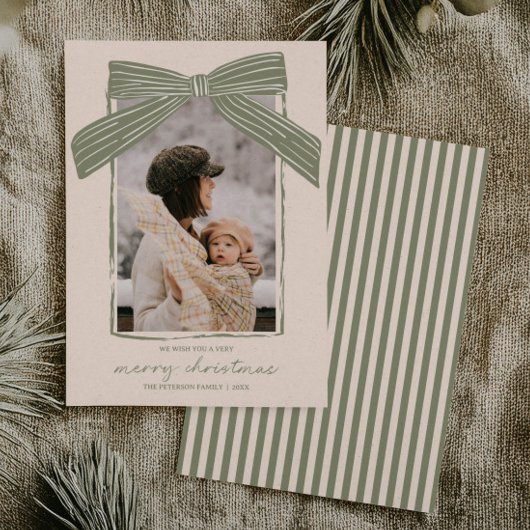 Holiday Family Photo Card Christmas Bow Stripe シーズンカード
