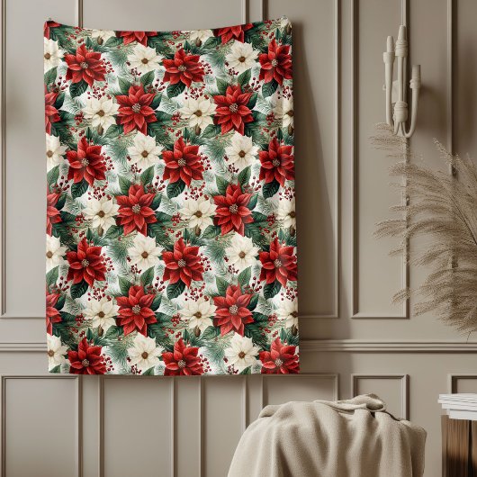 Holiday Floral Blanket Cozy Red Christmas Accent フリースブランケット