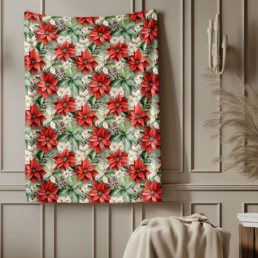 Holiday Floral Blanket Red Poinsettia Cozy Throw フリースブランケット