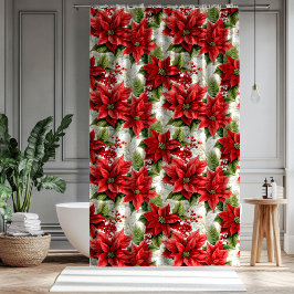 Holiday Floral Curtain Red Poinsettia Décor シャワーカーテン