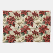 Holiday Floral Towel Classic Red Poinsettia Art キッチンタオル (横)