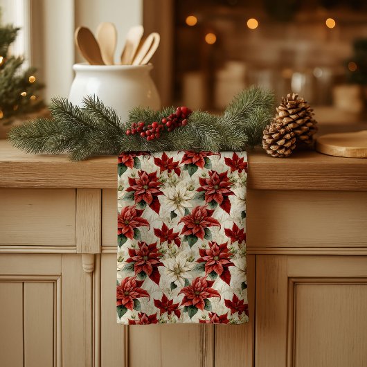 Holiday Floral Towel Classic Red Poinsettia Art キッチンタオル