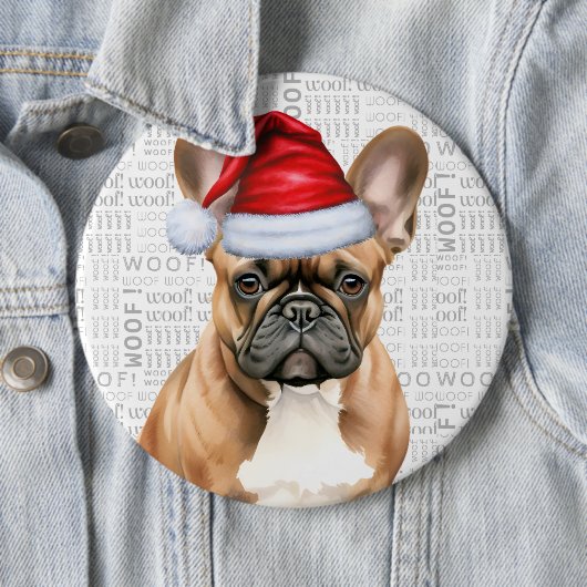 Holiday Frenchie Santa Dog on Woof Background 缶バッジ (インサイチュ)