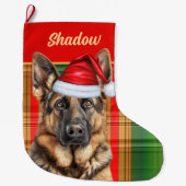 Holiday German Shepherd Plaid with Dog's Name ラージクリスマスストッキング (正面)