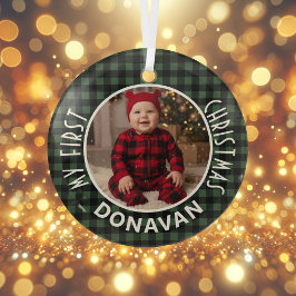 Holiday Green & Black Plaid First Christmas Custom ガラスオーナメント