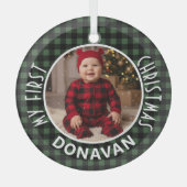 Holiday Green & Black Plaid First Christmas Custom ガラスオーナメント (正面)