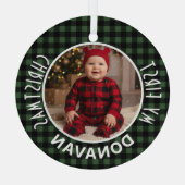 Holiday Green & Black Plaid First Christmas Custom ガラスオーナメント (裏面)