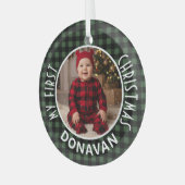 Holiday Green & Black Plaid First Christmas Custom ガラスオーナメント (正面左)