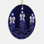 Holiday Greeting Navy Blue Christmas Trees Silver セラミックオーナメント (右)