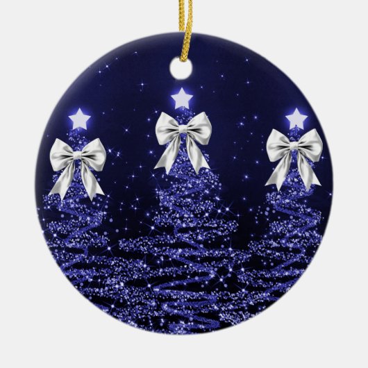 Holiday Greeting Navy Blue Christmas Trees Silver セラミックオーナメント (正面)