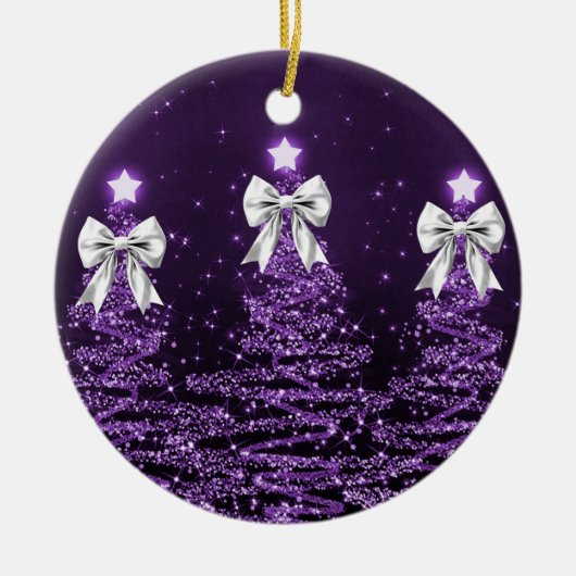 Holiday Greeting Purple Christmas Trees Silver セラミックオーナメント (正面)