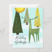 Holiday Greetings Deer Forest Mid Century Modern シーズンポストカード (正面/裏面)