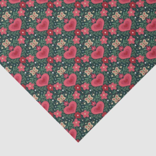 Holiday Hearts & Flowers Pattern–Red, Green & Gold 薄葉紙 (詳細)