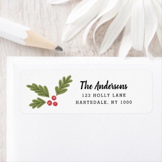 Holiday Holly Berry Script Return Address ラベル (インサイチュ)