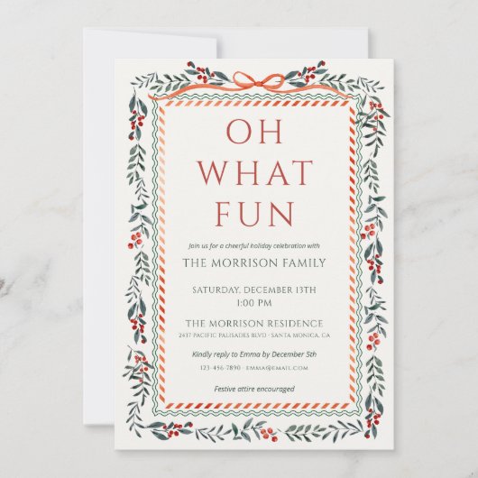 Holiday Holly Christmas Red Bow Party 招待状 (正面)