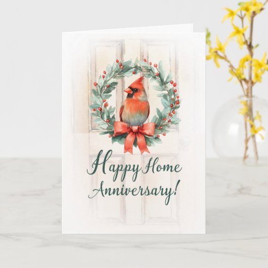 Holiday Home Anniversary Cardinal Wreath with Door カード (黄色い花)