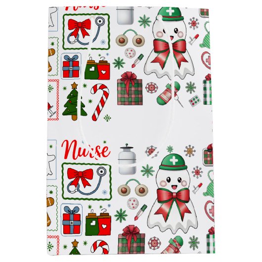 Holiday Medical with Stethoscope Christmas Nurse ミディアムペーパーバッグ (正面)