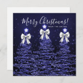 Holiday Navy Blue Christmas Trees Greeting Silver  シーズンカード (正面/裏面)