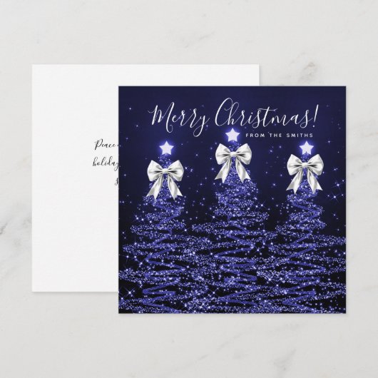 Holiday Navy Blue Christmas Trees Greeting Silver  シーズンカード (正面/裏面)