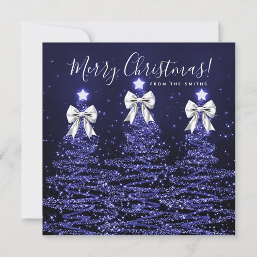 Holiday Navy Blue Christmas Trees Greeting Silver  シーズンカード (正面)