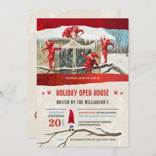Holiday Open House Vintage Elves  招待状 (正面/裏面)